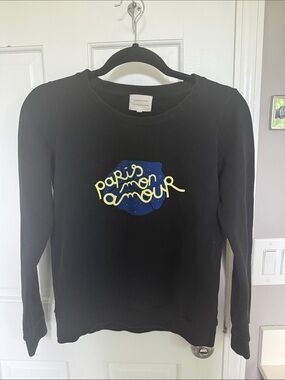 Sezane Graphic Terry Cotton Sweatshirt Long Sleeve Crewneck Paris Script Black